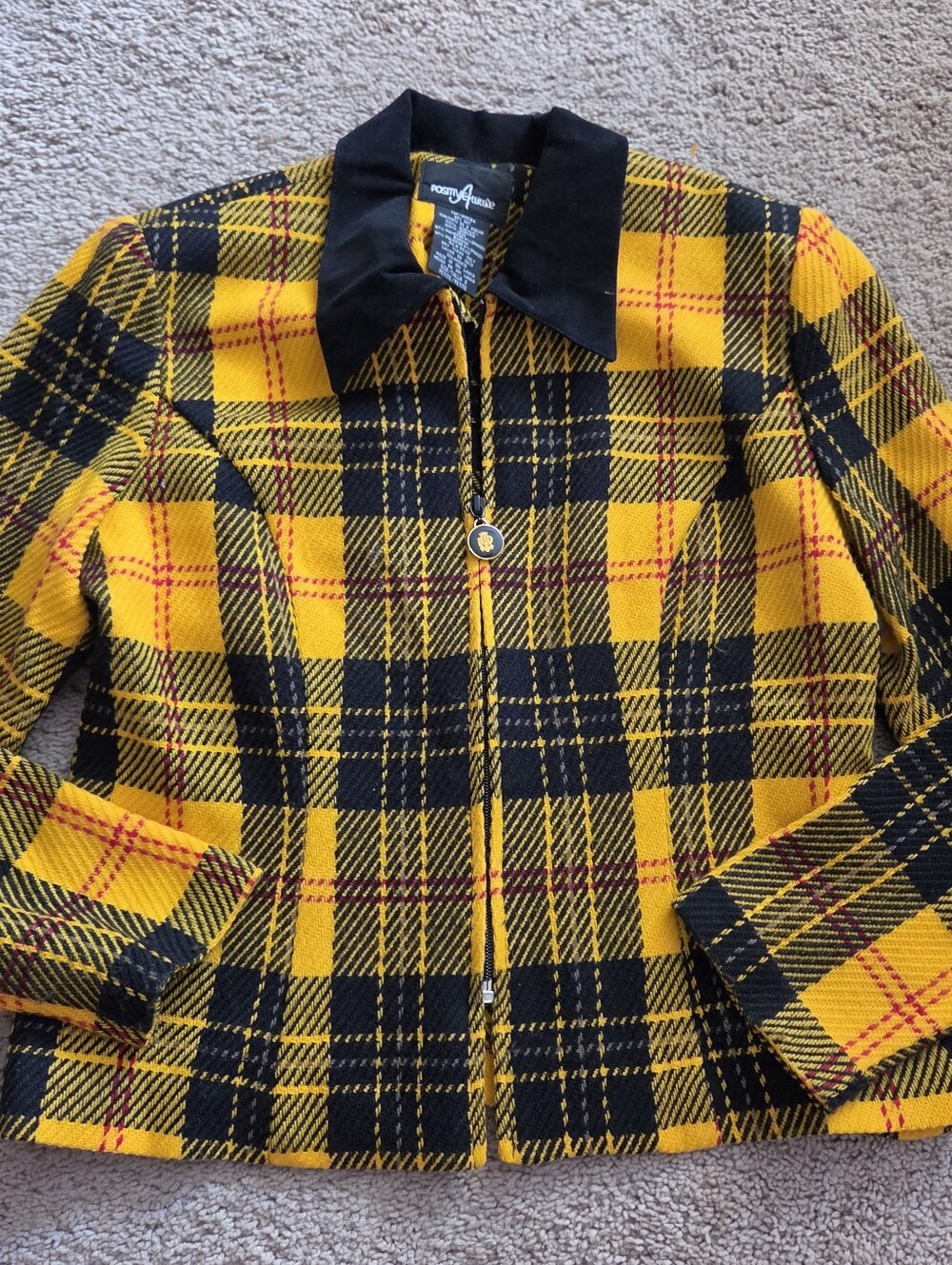 Positive Attitude VintageYellow & Black Plaid Women's Jacket with Black Collar -